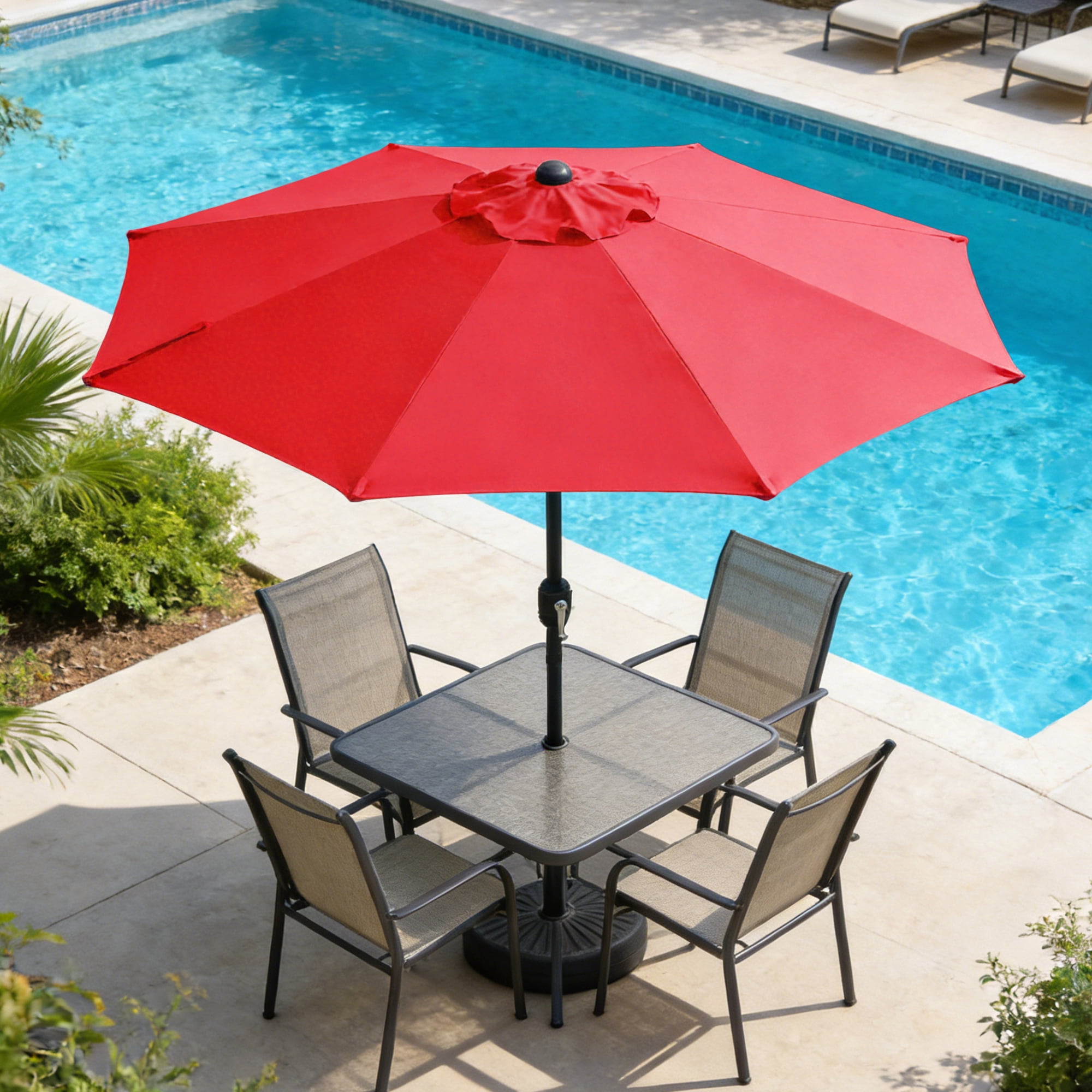 Kool 9 Ft Patio Market Umbrella , 8 Ribs with Push Button Tilt and Crank, Red
