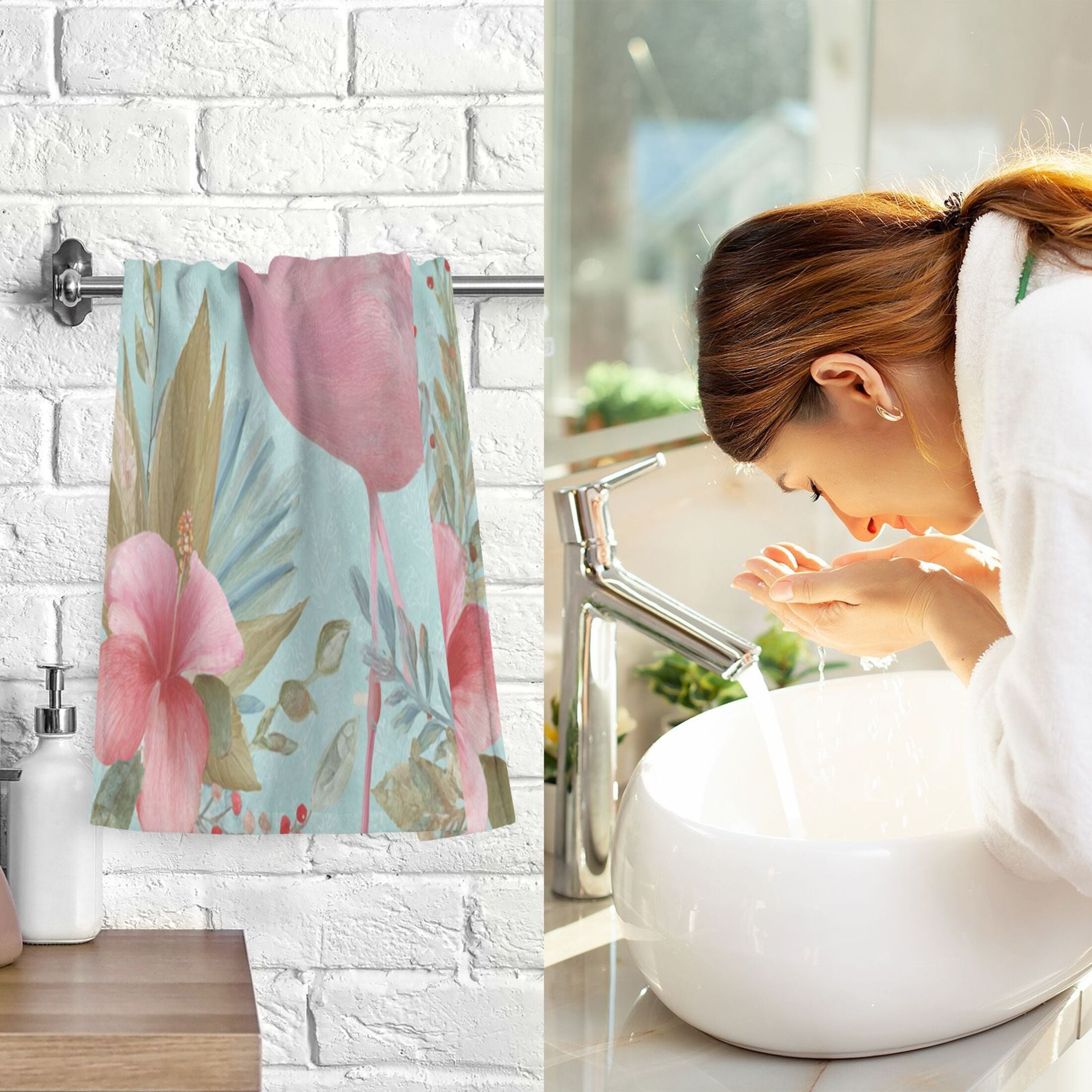 2 Pieces of Cotton Towel Face Towel Set Hand Towel Bath Towel Cotton Bath Towel Sets Pink Flamingo