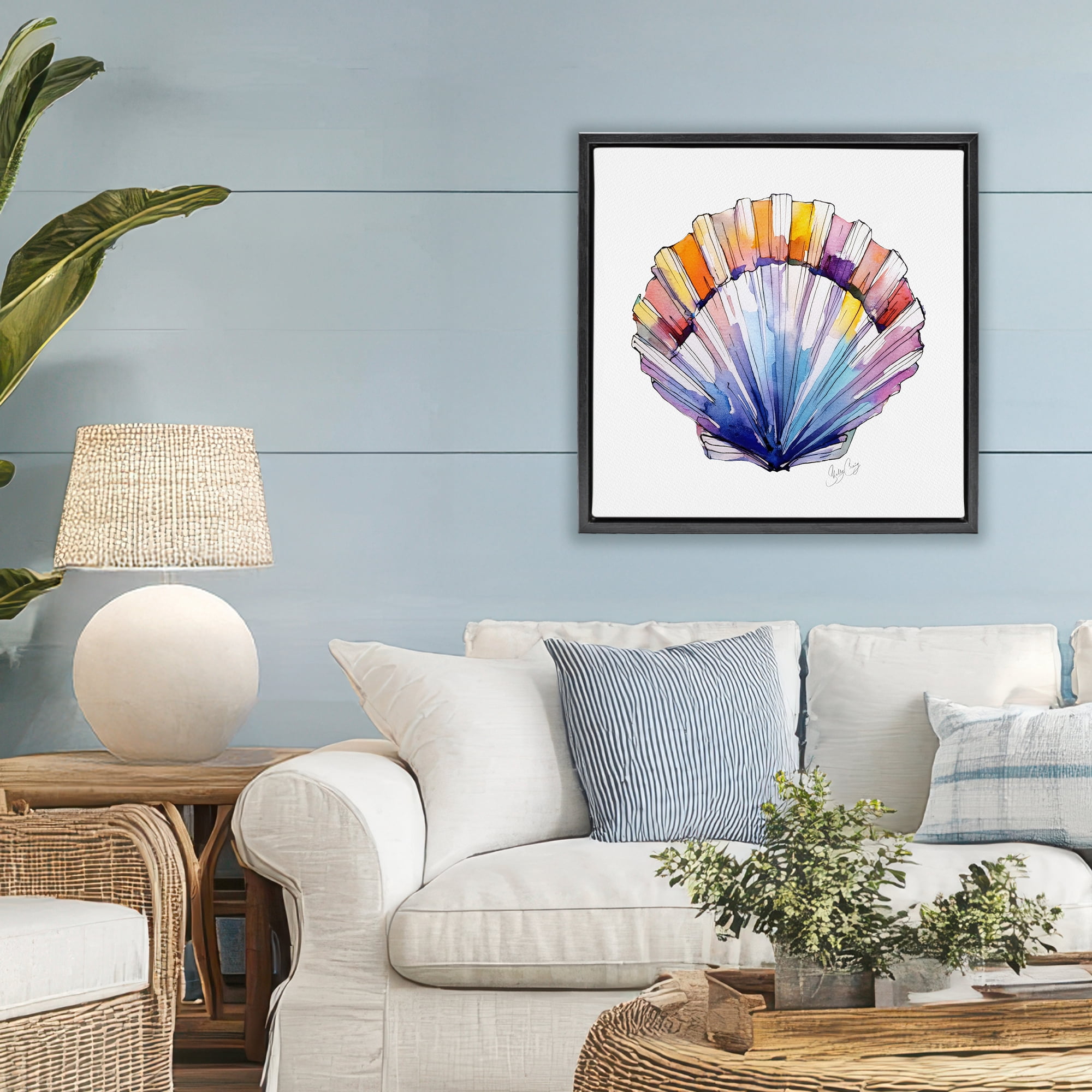 Stupell Industries Coastal Scallop Watercolor Black Framed Floater Canvas Wall Art, design by Shelly Craig