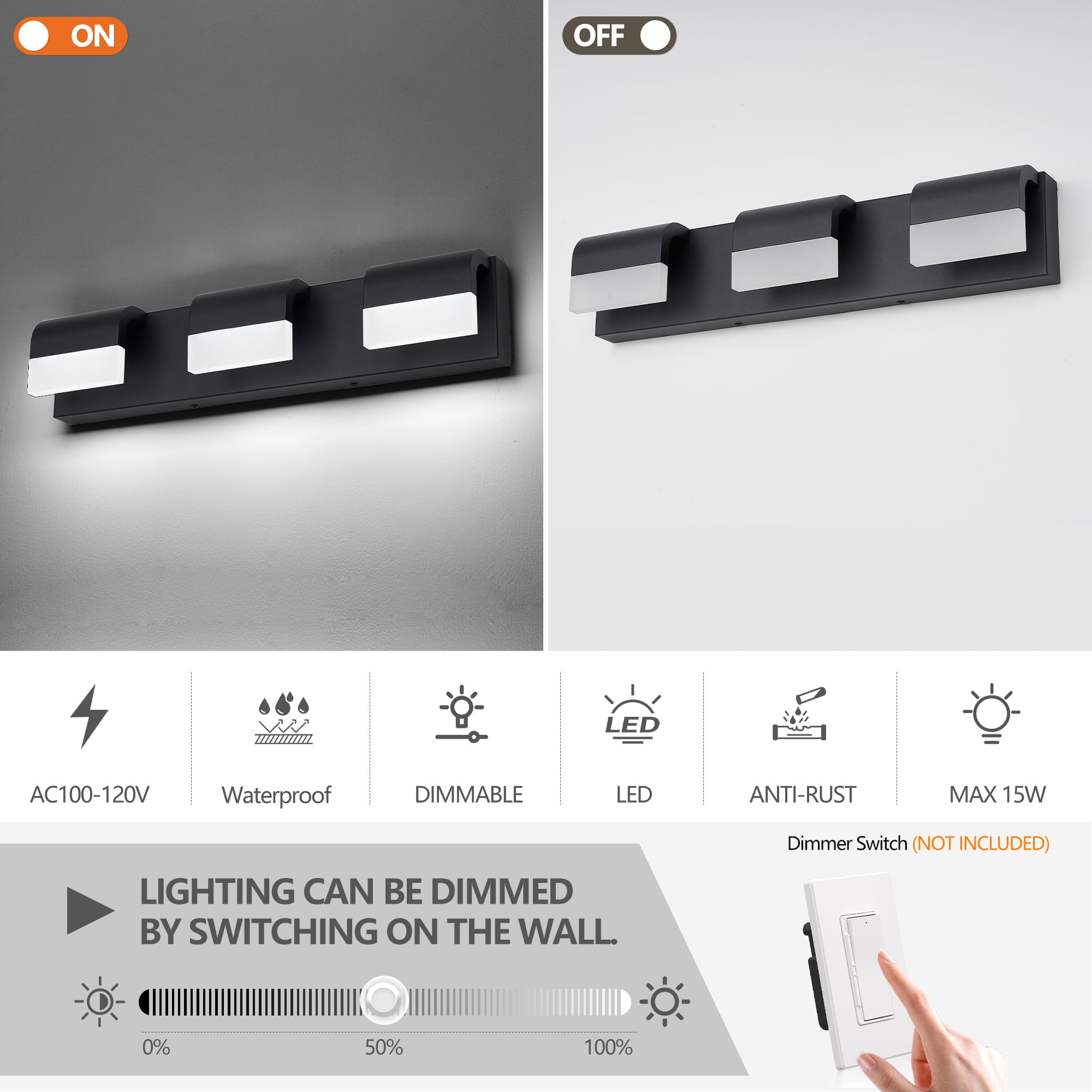 Jopath 3-Light Bathroom Vanity Light, Modern Dimmable LED Wall Mount Lighting Fixture for Bathroom Vanity Mirror Matt Black