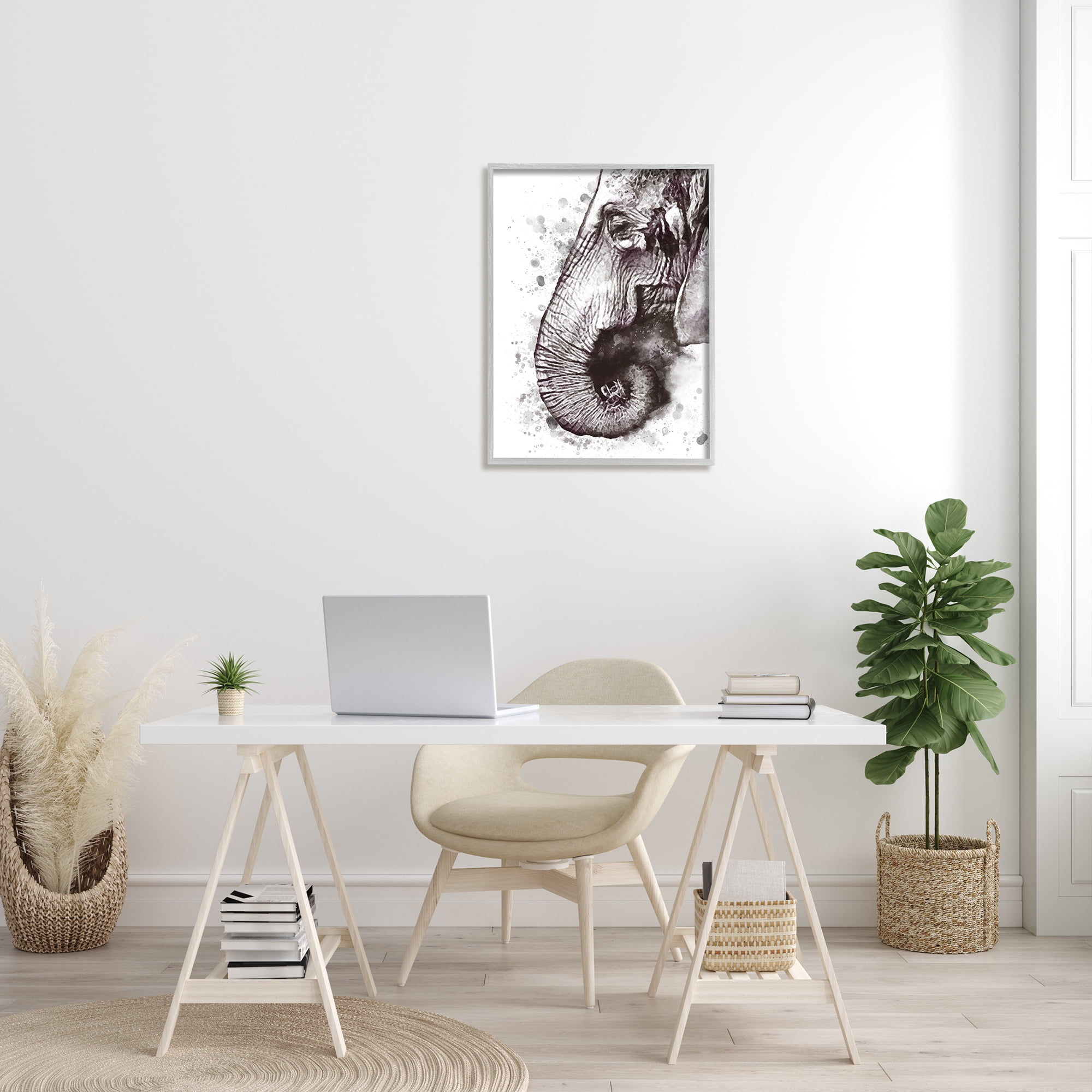 Stupell Industries Grey Elephant Curled Trunk Grey Paint Splatter, 24 x 30, Designed by Ros Ruseva