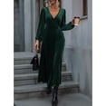thumbnail image 4 of Women'S Long Sleeve Velvet Dress V Neck Holiday Cocktail Party Semi Formal Midi Dresses Dark Green XL, 4 of 9