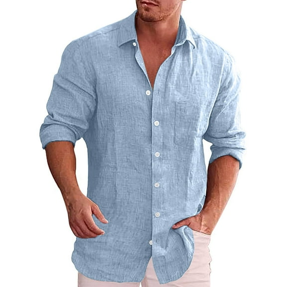 Mens Casual Button Down Shirts Long Sleeve Chambray Shirts Loose Solid Color Shirt Lapel Casual Shirt Wrinkle Free Shirt