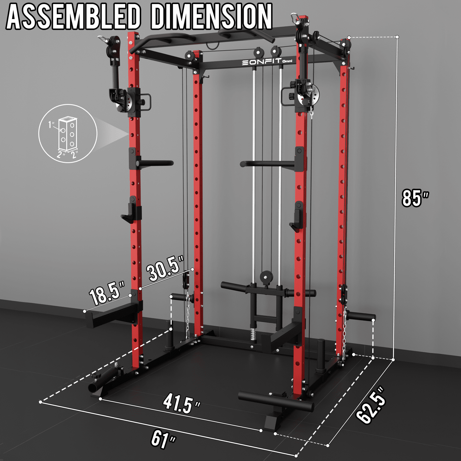 Eonfit E2 Power Cage with 3D Rotation Arms - Multi-Functional Power Rack for Home Gym. 1500lb Squat Rack for Home Gym. Pulley System for Cable Crossover & LAT Pulldown (E2 RED PRO)