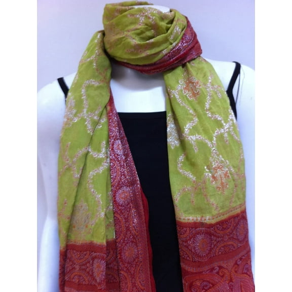 100% Silk High Quality Fabric Hand Woven Red Green Gold Scarf Wrap Beautiful Accessory Great Gift New