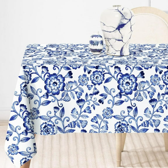 White Blue Floral Tablecloth 60 x 102 Inch Vintage Floral Table Cover Retro Rectangle Table Cloth for Home Kitchen Dining Table Decoration Supplies