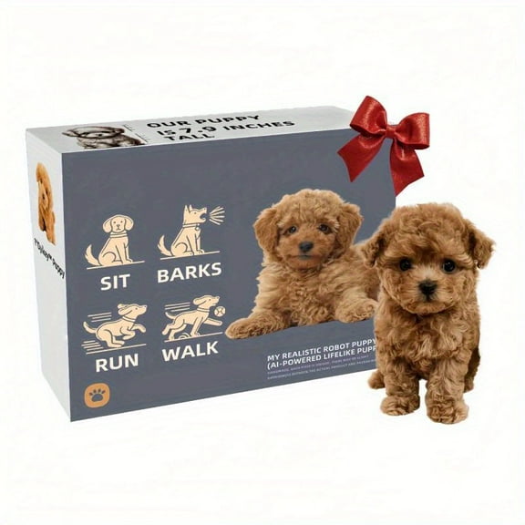 2026 Realistic Robotic Puppy - Interactive Walking, Barking & Expressive Eyes, Soft Fluffy Brown Poodle, Sits, Stands, Rolls Over, Cuddles, Button-Controlled Robot Dog Companion for Adults & Teens