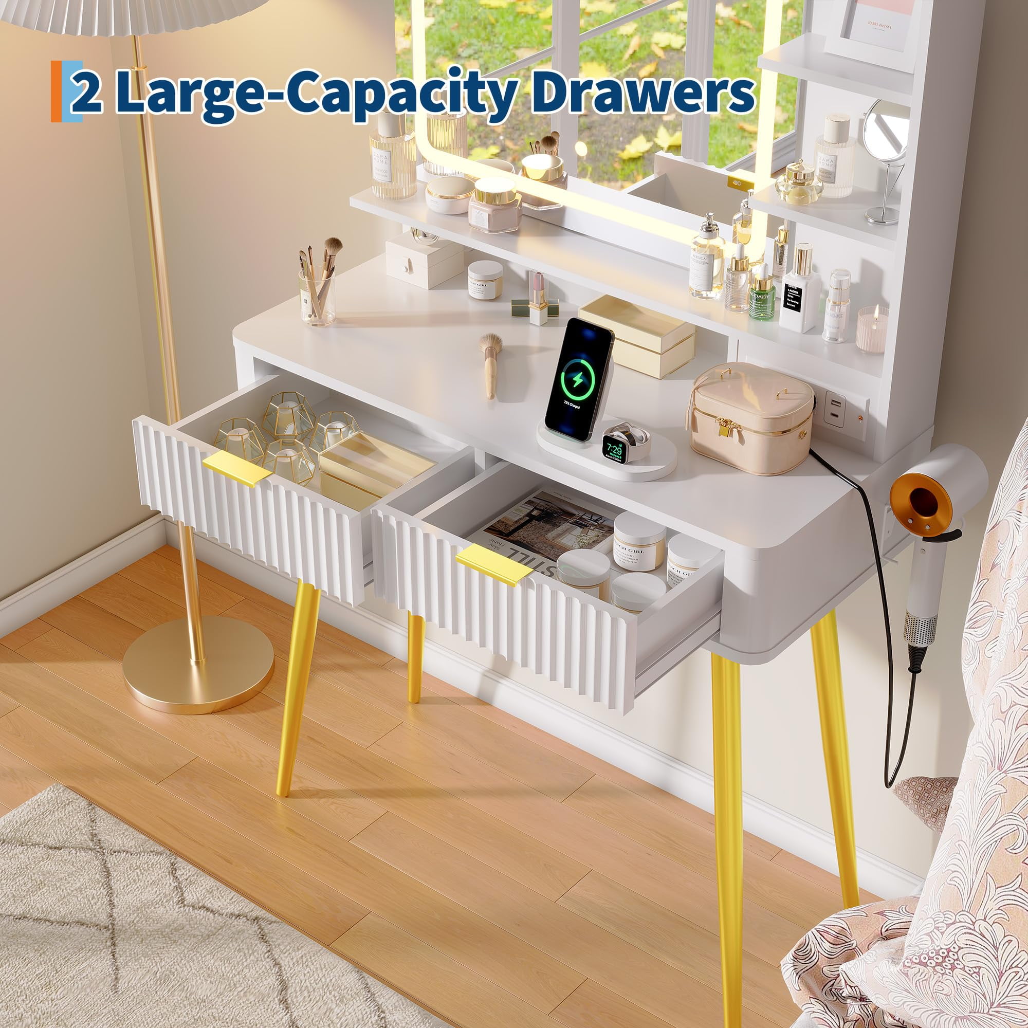 Fluted Vanity Desk with Mirror and Lights, 31 in Small Makeup Vanity Storage Cabinet & 2 Drawers, 3 Lighting Modes, Stylish Dressing Table for Bedroom