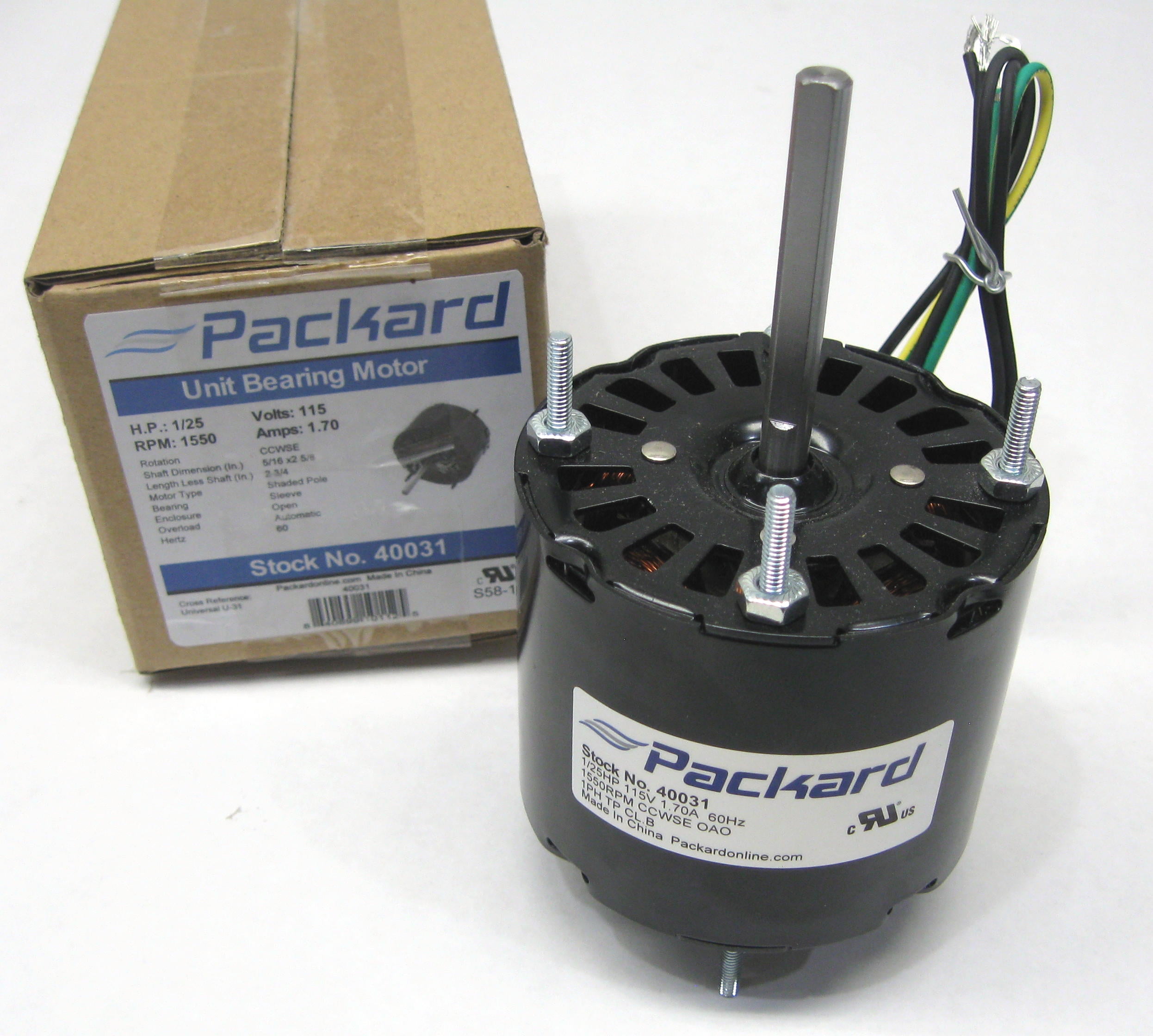 Packard Electric Fan Motor 40031 1/25 HP 1550 RPM 115 Volts (UE31