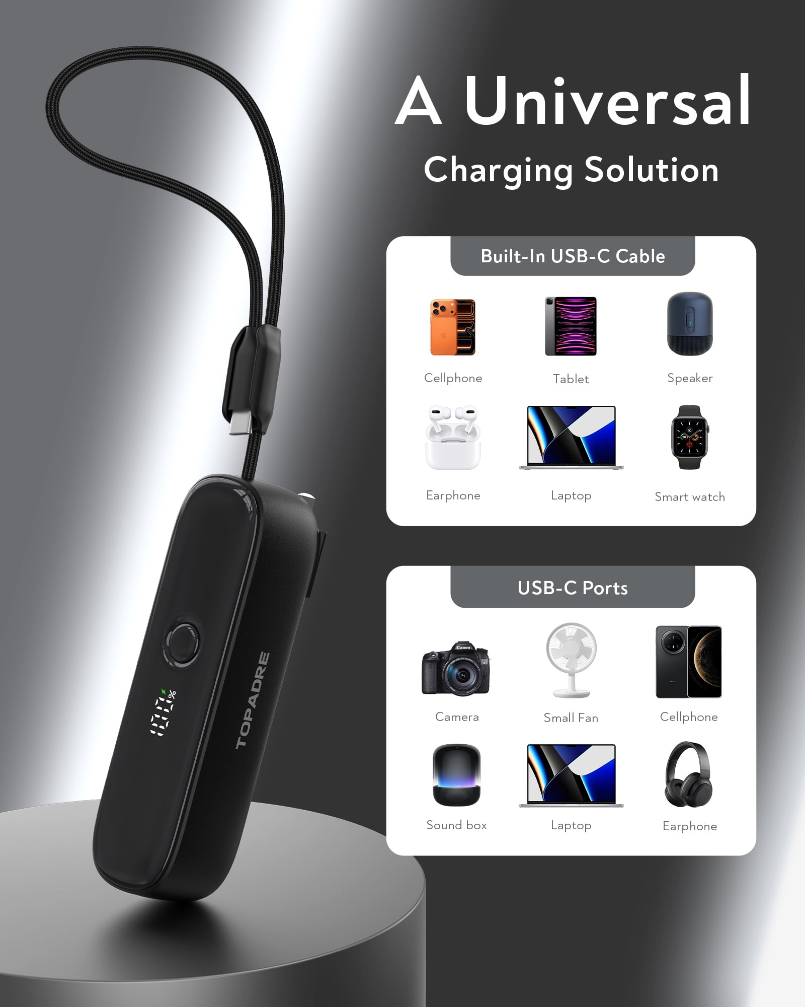 TOPADRE 22.5W Power Bank, 5000mAh Portable Charger with Built-in USB-C Cable, Foldable Plug, Dual Type-C Ports, Black