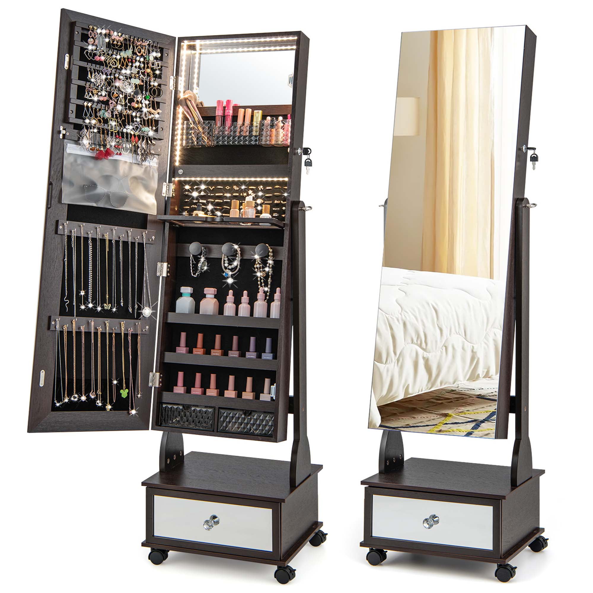 Gurexl 360° Swivel Jewelry Cabinet With RGB Full Length Mirror - Lockable Standing Organizer