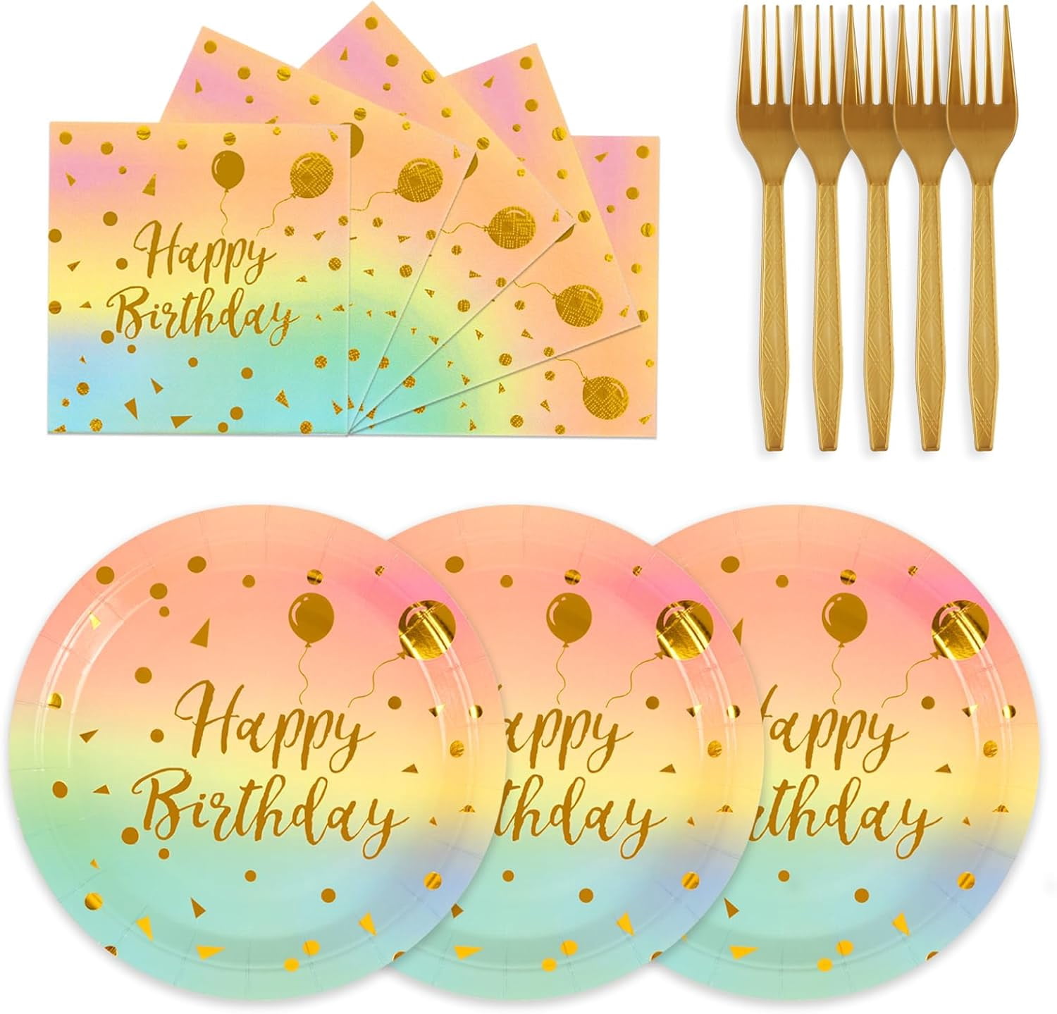 150PCS Happy Birthday Paper Plates and Napkins - 7 Inch Deep Blue Gold Dot Paper Plates and 6.5 Inch Napkins with 6.3 Inch Gold Forks Disposable Tableware Set for Birthday Party Decorations, Serves50