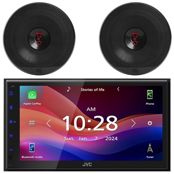 JVC KW-M690BW 6.8" Capacitive Monitor Single-DIN Bluetooth USB/MP3 Digital Media Shallow Chassis Multimedia Receiver, 2x JBL Stage3 627 6.5" 225 Watts Max Power 2-Way Coaxial Car Audio Speakers