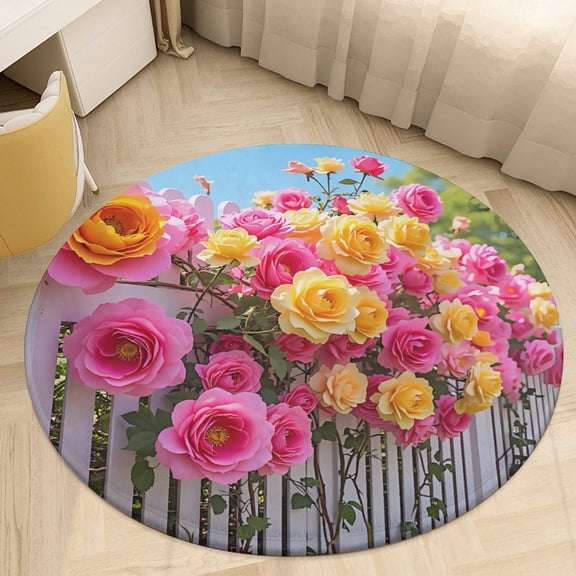 Colorful Flowers Round Area Rugs for Bedroom Living Room, 3FT Soft Indoor Circle Carpets, Carpet Home Decor Floor Mat