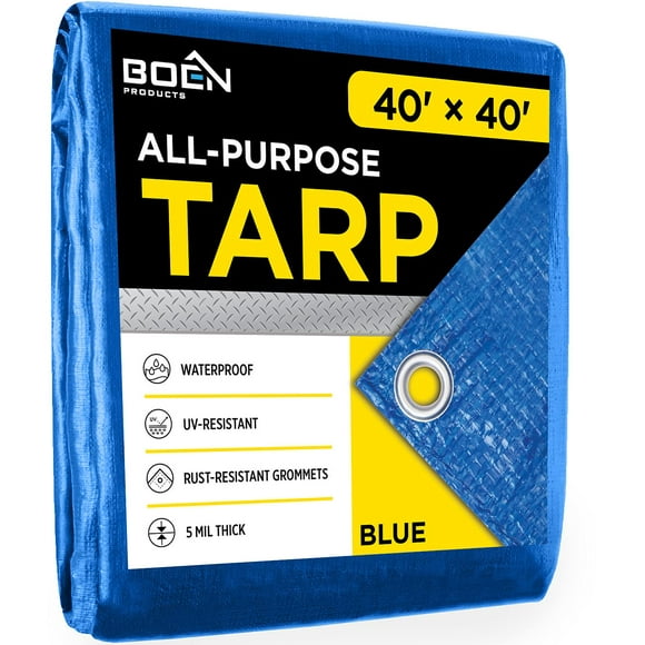 Multi-Purpose Large Tarp Waterproof Cover | Blue 40' x 40' 5 Mil Thick | Rip Proof Tarps | Thick Weave Material UV Resistant Great for Tarpaulin Canopy Tent Boat RV or Pool Cover
