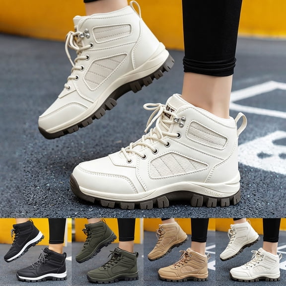 Women's High Top Non Slip Hiking Shoes Wide Wide Non Slip Platform Lace Up Ankle Boots Comfortable Walking Shoes