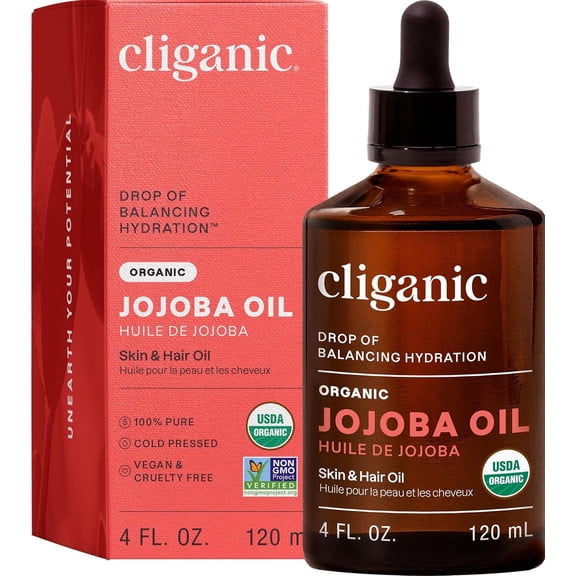 Cliganic Jojoba Oil, Cold-Pressed Organic Body Oil and Moisturizer for Skin Care, Hexane-Free, 4 fl oz