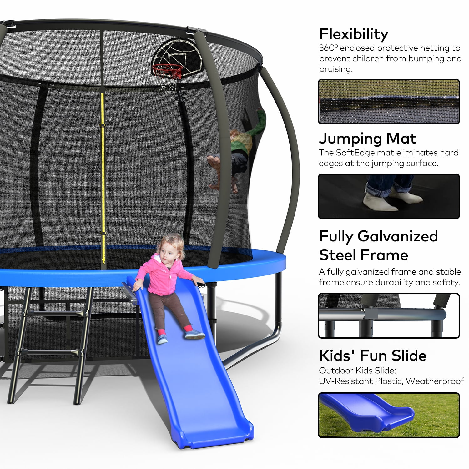 Mersco 10FT Heavy Duty Backyard Trampoline with Enclosure Net, Slide and Basketball Hoop , Ideal Birthday and Holiday Gift,Blue