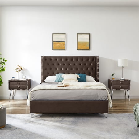 2 Piece Bedroom Sets with Queen Size Platform Bed and Nightstand  Button Tufted Upholstered Platform Bed with Nail Head Trim Headboard for Adults  No Box Spring Required  Brown