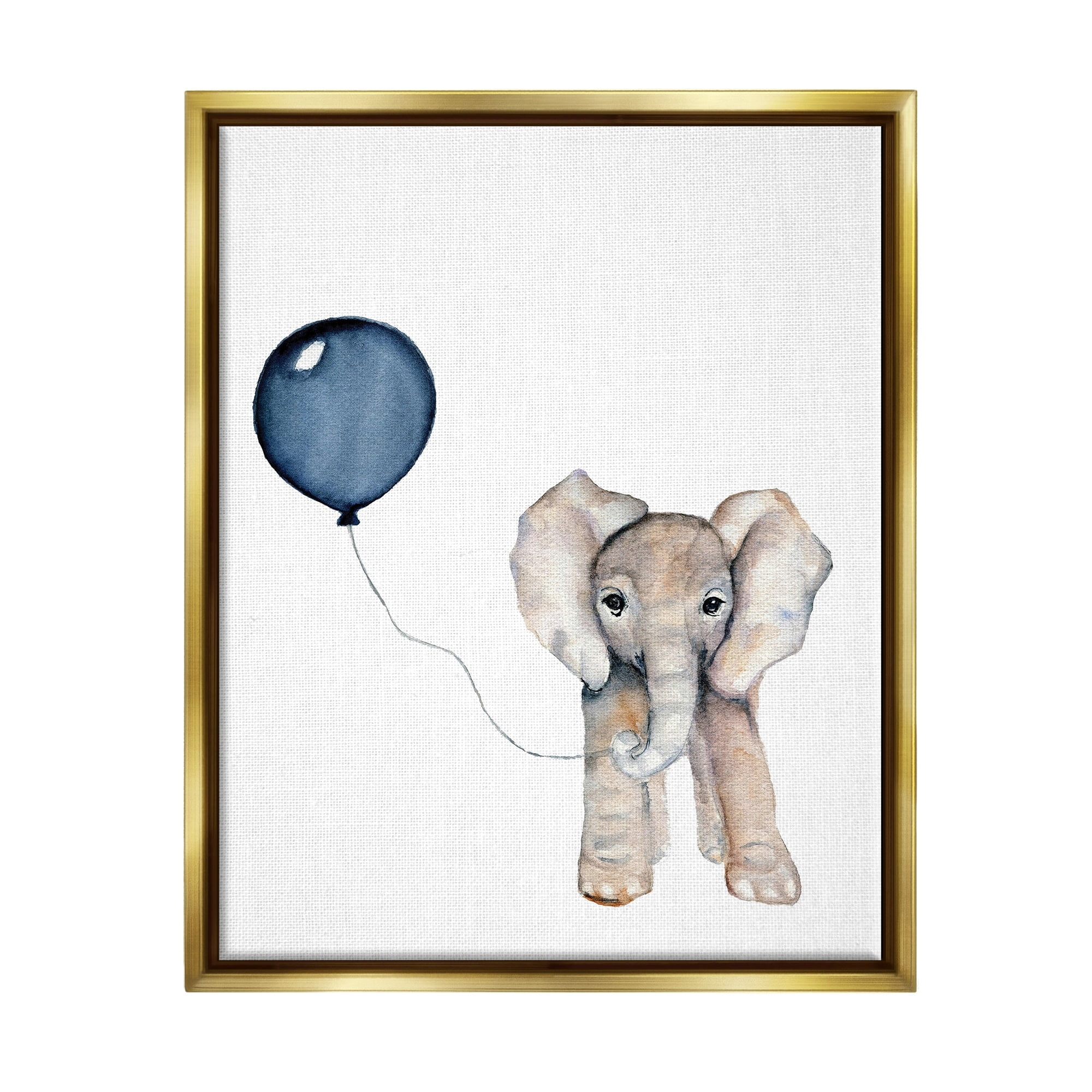 Stupell Industries Baby Elephant with Blue Balloon Metallic Gold Framed Floating Canvas Wall Art, 16x20, by Susan Knovich