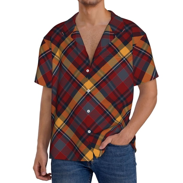 Fotbe Buffalo Check Plaid Camisa Estampada de Manga Corta para Hombre, Casual de Verano, Estilo Playero, Sin Arrugas-4X-Large