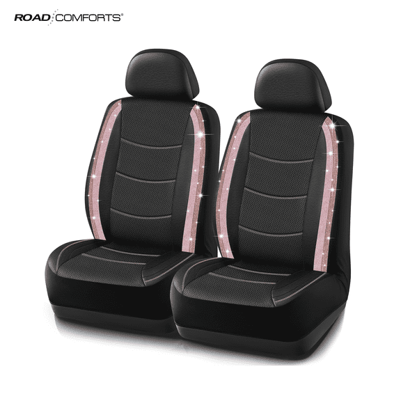 Road Comforts Car Seat Covers, Fashion Glitter & Rhinestone Leather Front Seat Covers, Universal Fit Front Seats, Airbag Compatible for Cars, SUVs, Trucks Black&Pink