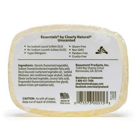 Clearly Natural Essentials Glycerin Bar Soap Unscented, 4-Ounces
