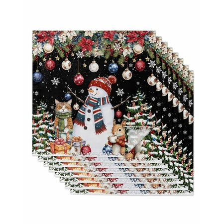 

Christmas Poinsettia Cloth Napkins Set of 8 Xmas Snowman Squirrel Flower Black Washable Reusable Dinner Cocktail Napkin for Kitchen Party Wedding Banquet Holiday Baby Shower Table Decor