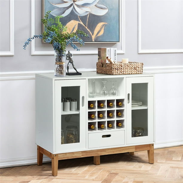 Costway Despensa para Vinos Armario Estante de Madera para 12 Botellas de Vino con 2 Puertas Cajón Armario para Comedor Cocina 100 x 33 x 80 cm Blanco