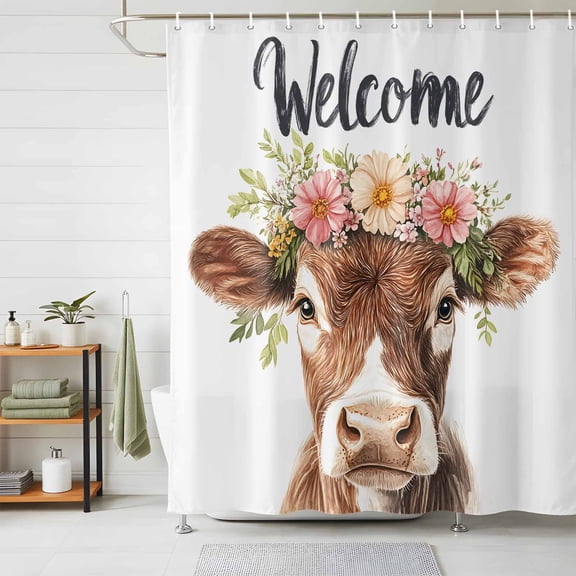 Shower Curtain Cute Bull Shower Curtains for Bathroom Decor, Waterproof Polyester Shower Curtain Set with Hooks, Small Stall Size 36" x 72" Flowers Wreath