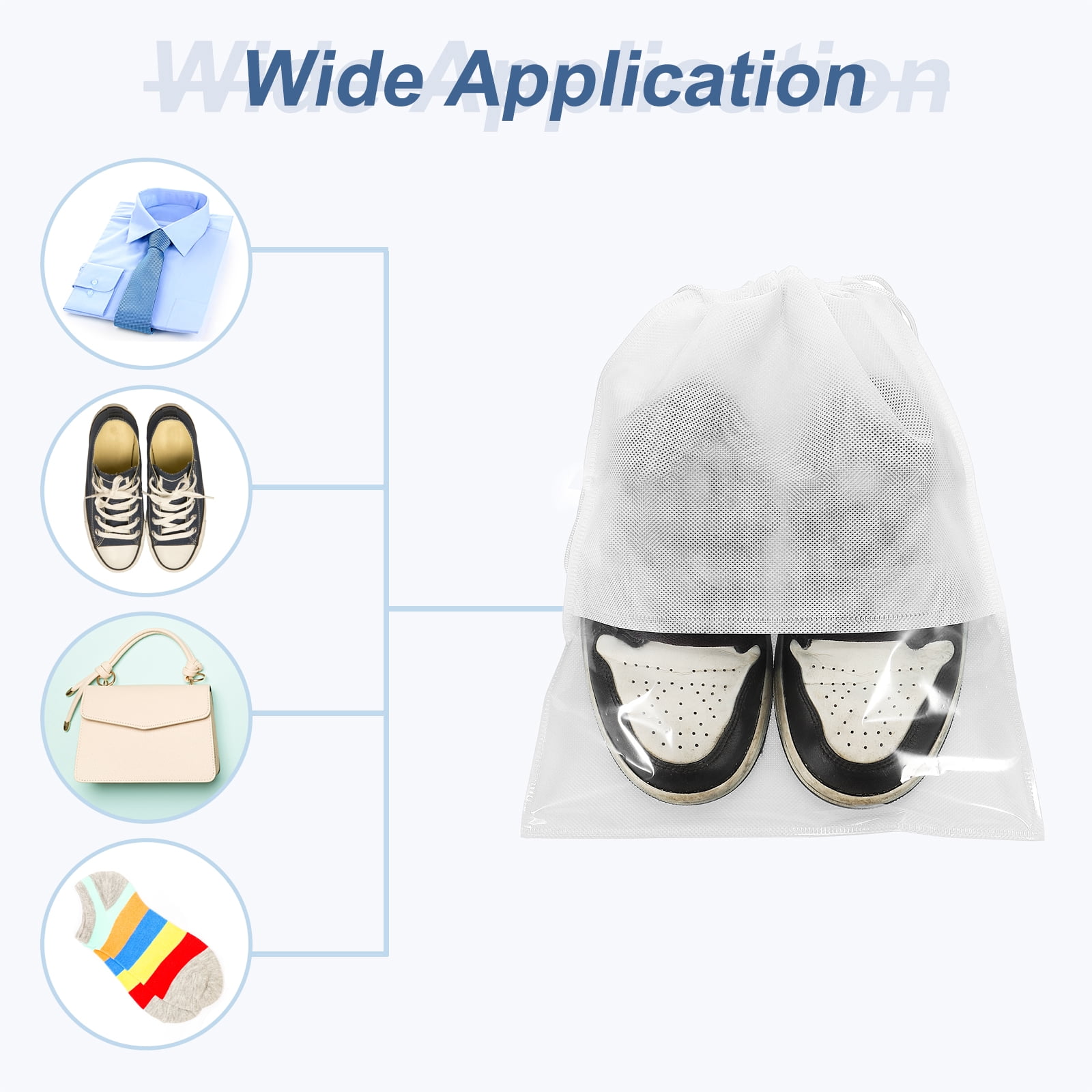 Uxcell Shoe Bags for Travel, 10Pcs 16" - Nonwoven Fabric Travel Shoe Bag, Drawstring Clothes Storage Bag with Transparent Window, Travel Accessories for Men and Women Packing (White)
