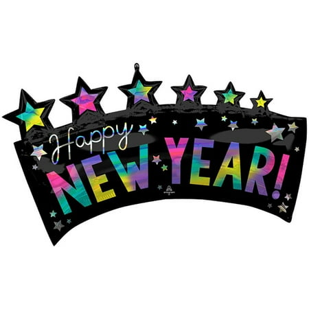 34 inch Iridescent Happy New Years Star Banner Foil Mylar Balloon - Party Supplies Decorations