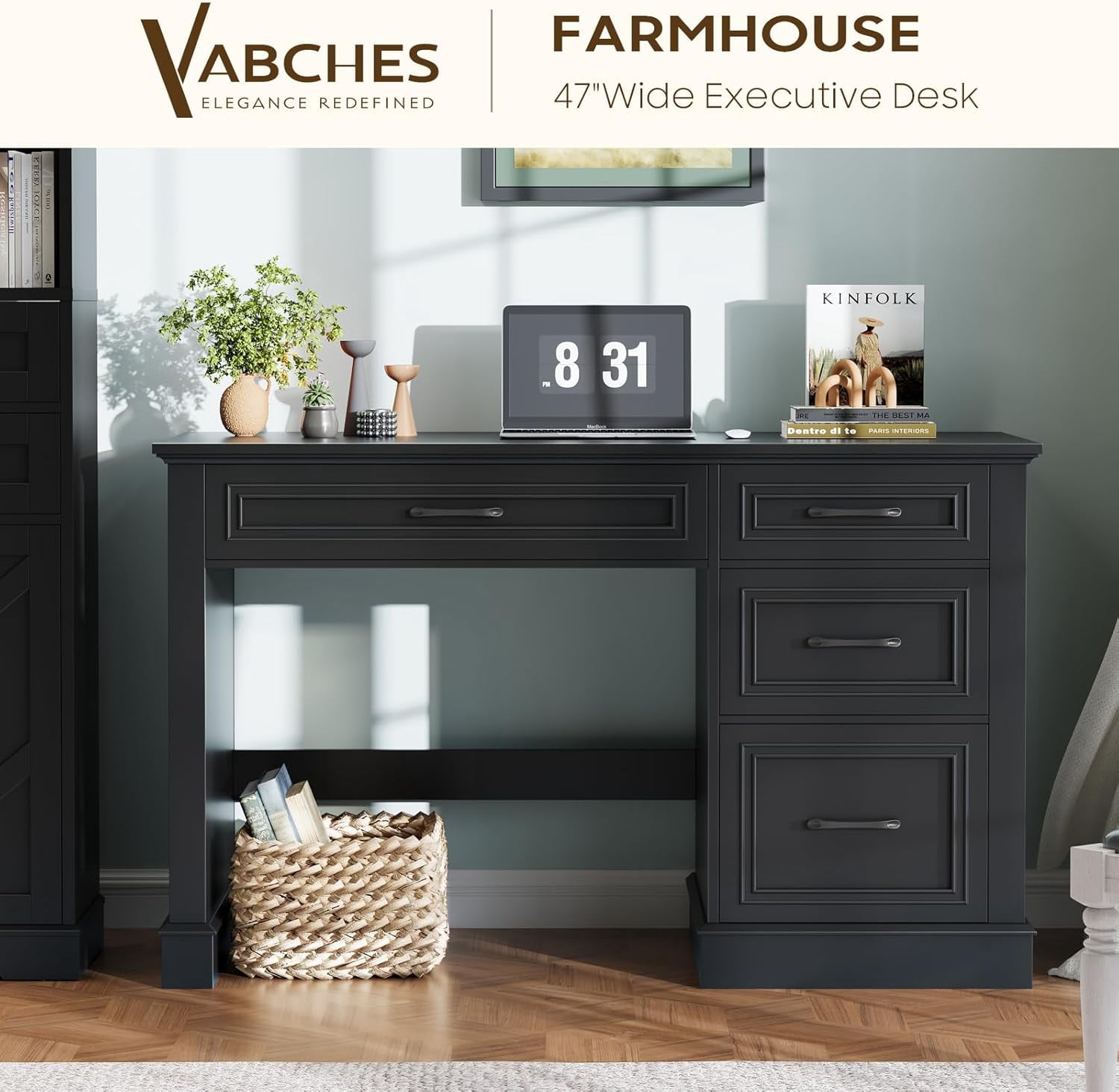 Farmhouse 47" Executive Desk with File Drawer, Computer Desk with 4 Drawers, Workstation for Study, Home Office, Writing, Pure Black.