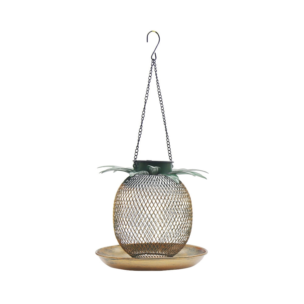 Solar Pineapple Shape Bird Feeder with LED Weather Resistance Hanging Design Metal Bird Food Container Outdoors Hanging Garden Yard Backyard Terrace Decoration