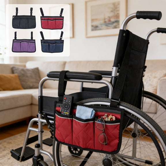 CQCYD 4Pcs Wheelchair Armrest Storage Bag, Large Capacity Organizer Pouch for Seniors, Durable Polyester Side Bag, Water-Resistant Wheelchair Accessories for Travel and Outdoor Mobility