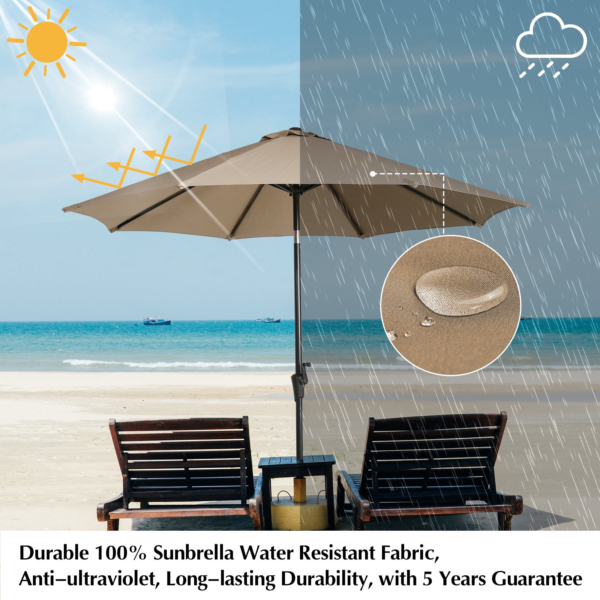 Iwicker 9Ft Sunbrella Patio Umbrella Outdoor Aluminum Market Umbrella with Crank and Push Button Tilt, Heather Beige