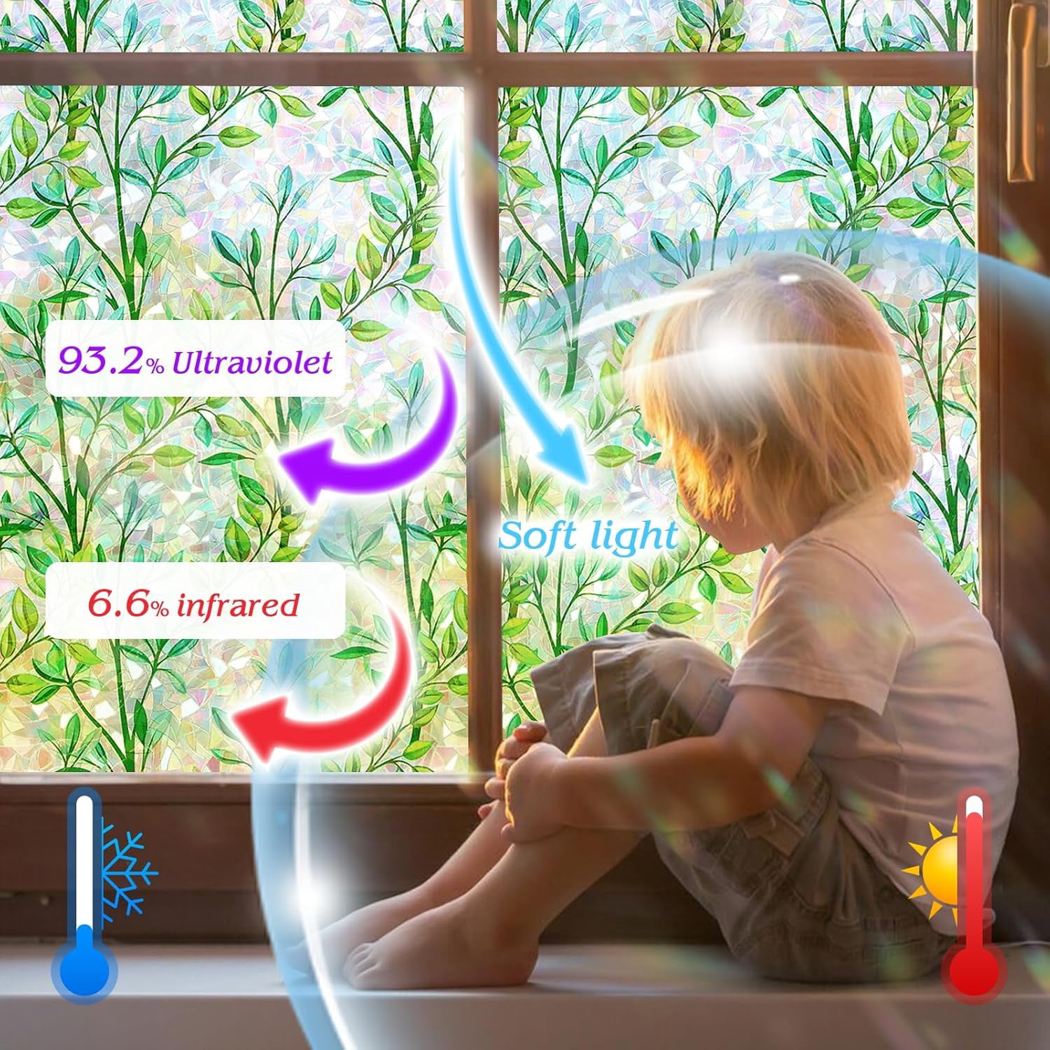 FILMGOO Rainbow Green Leaf Window Privacy Film, Static Cling Non-Adhesive Decorative Window Film, Heat Control Anti UV Window Tint for Home, 29.5in x 6.5ft