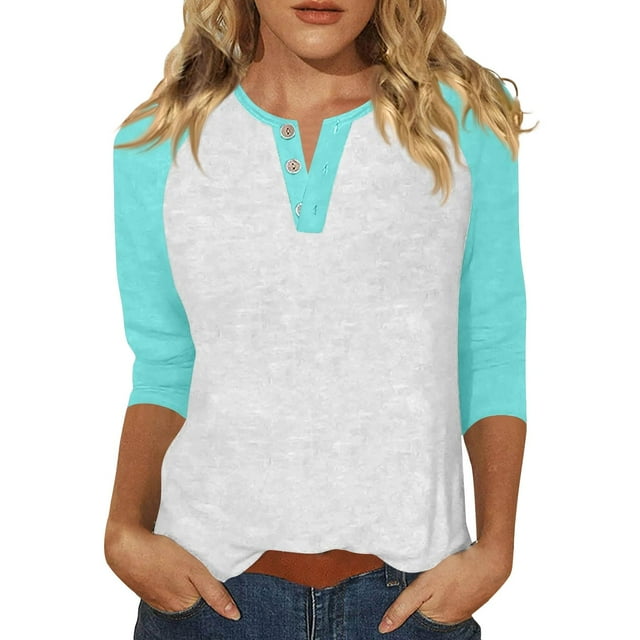 ManxiVoo Relaxed Fit Womens Top V Neck 3 4 Sleeve Button Front Shirt with Raglan Sleeves for Summer S Size Light Blue