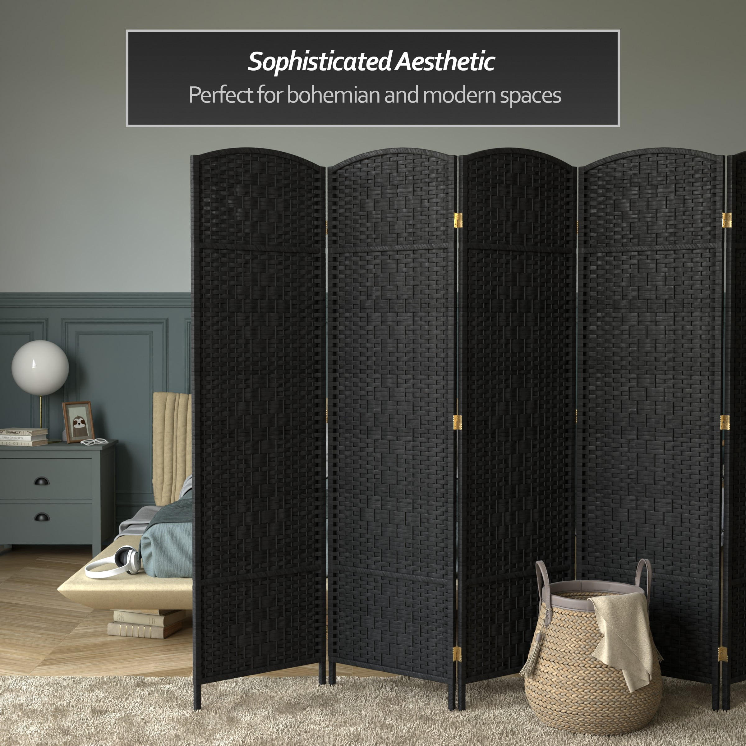Red Lantern 6 ft. Tall Diamond Weave Fiber Room Divider - Black - 6 Panel