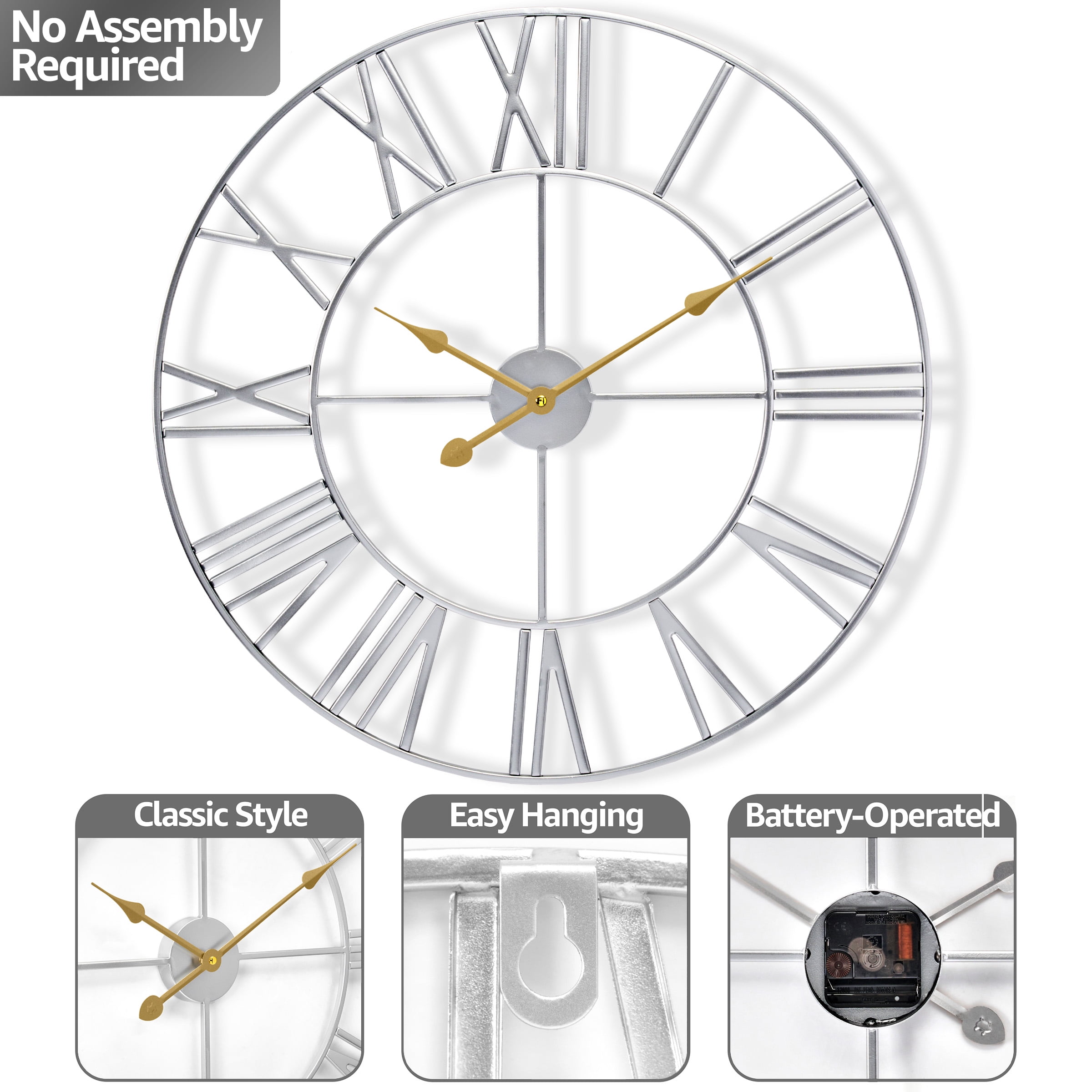 Sorbus Large Metal Roman Numberal Wall Clock for Living Room Decor (Silver, 16" Diameter)