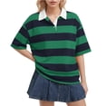thumbnail image 2 of KDDYLITQ Striped Shirt Women Oversized V Neck Casual Polo Shirts Short Sleeve Rugby Collared Pullover Loose Fit Tops Green 2XL, 2 of 5