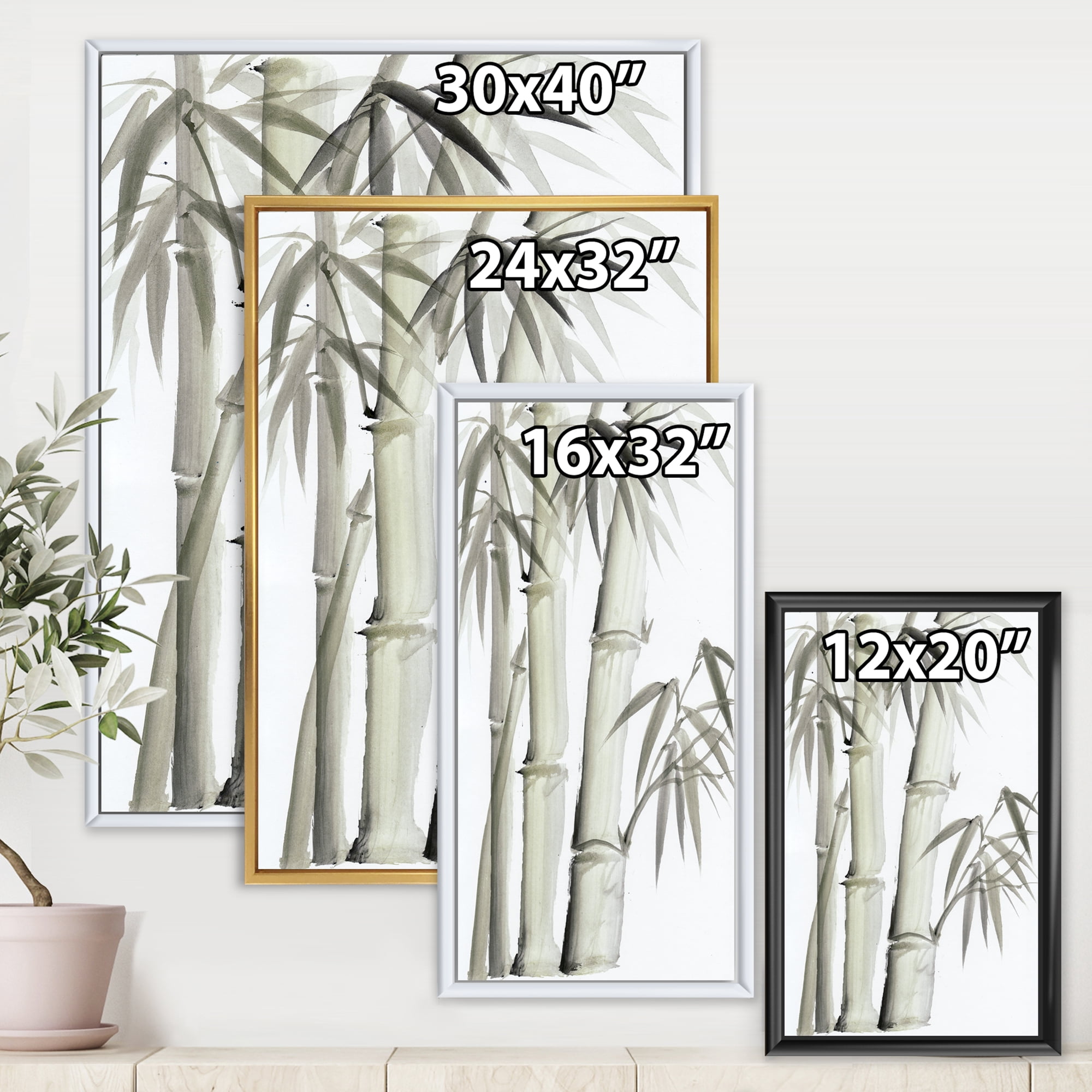 Designart 'Vintage Black and White Bamboo V' Lake House Framed Canvas Wall Art Print
