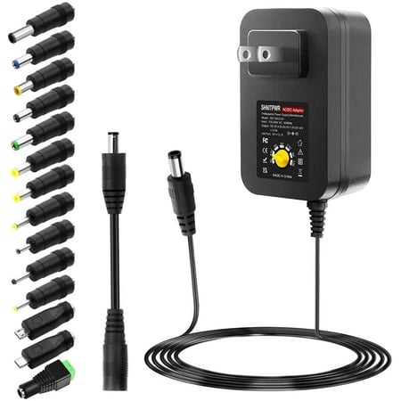 SHNITPWR 30W Universal Power Supply 3V 4.5V 5V 6V 7.5V 9V 12V Adjustable Variable AC/DC Adapter with 5V 2.1A USB Port, 100V-240V AC to DC 3V~12V Converter 0.5A 1A 1.2A 1.5A 2A 2.5A Max with 14 Tips