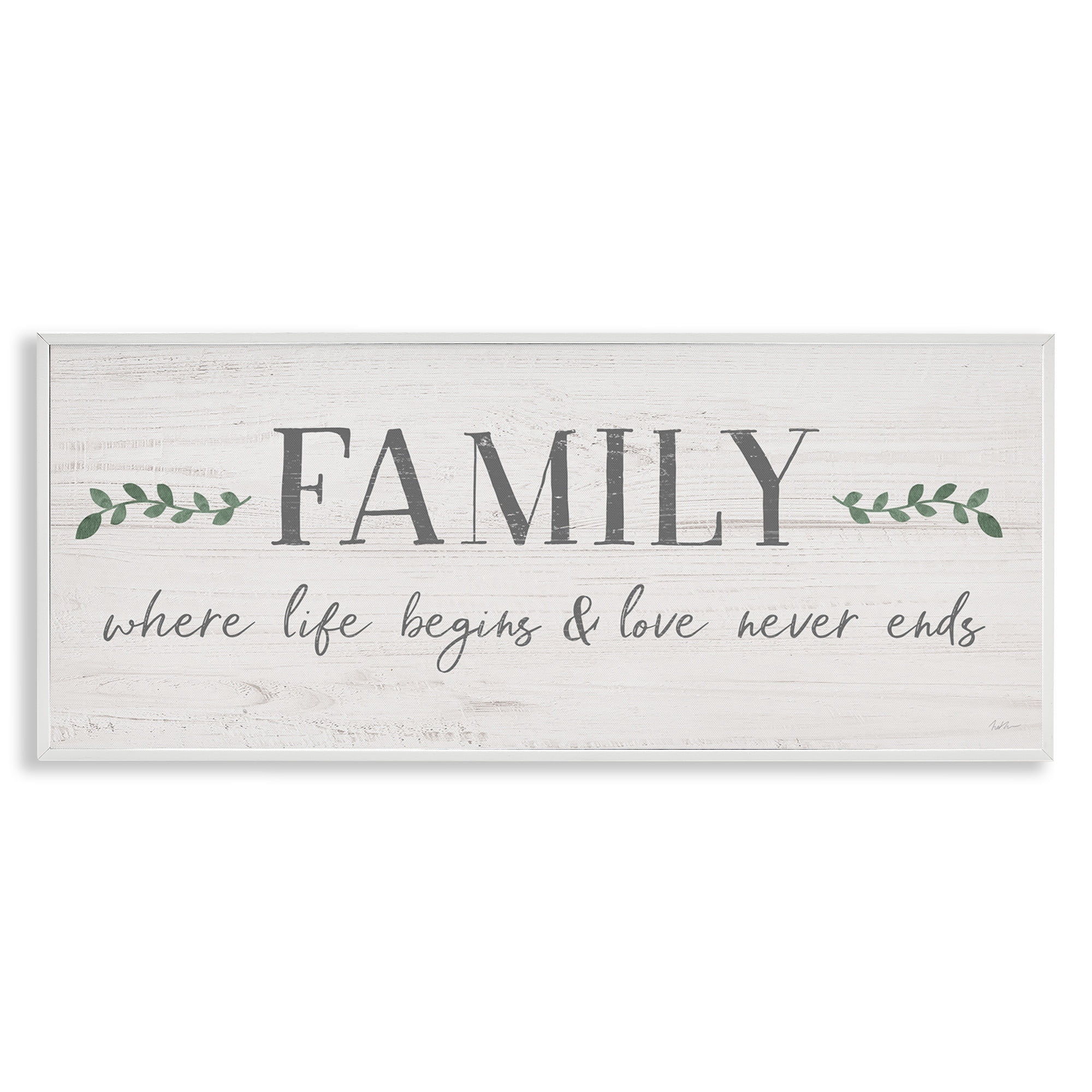 Stupell Industries Family Life Begins Love Never Ends Motivational Phrase Graphic Art White Framed Art Print Wall Art, 24x10, by Natalie Carpentieri