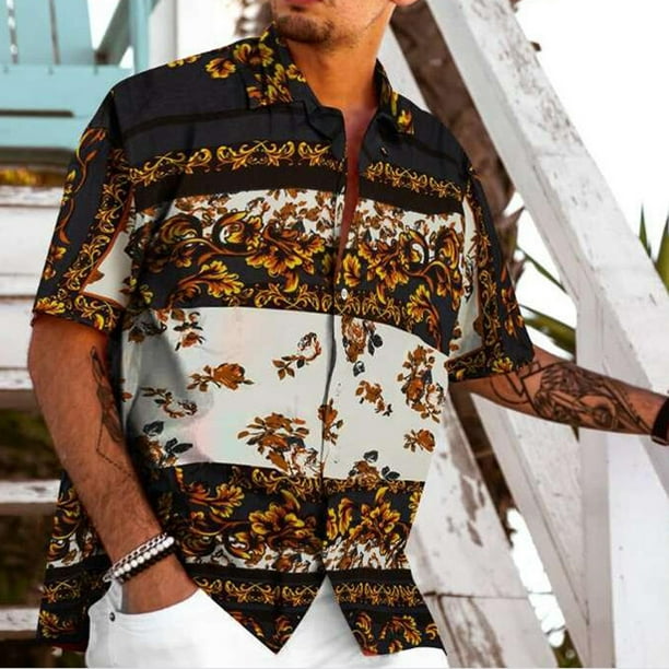 Jovati Summer Shirts For Men Men Summer Fashion Shirts Casual Printed Shirts Short Sleeve Top Blouse Brown