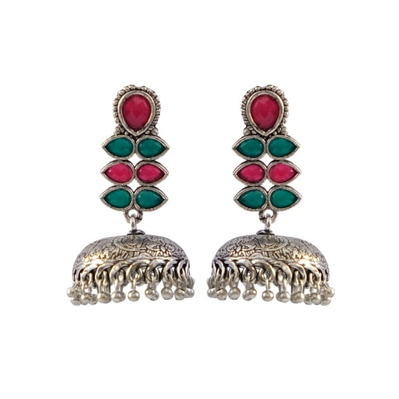 Crunchy Fashion Bollywood Jewellery Traditional Ethnic Bridal Bride Wedding Bridesmaid Traditional Silver Toned Pink Color-stone Jhumka Earrings