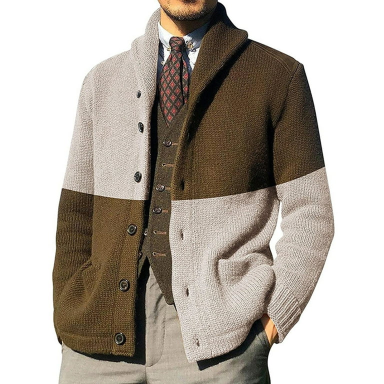 Mens Shawl Collar Cardigan Sweater Cable Knit Button Cotton Sweater with  Pockets
