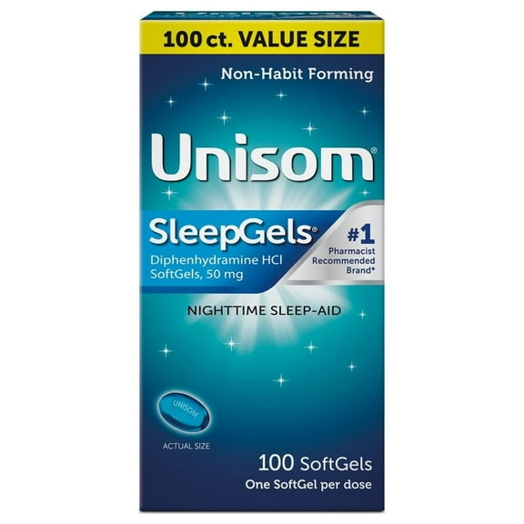 Unisom SleepGels Diphenhydramine HCL Softgel Sleeping Pills, Nighttime Sleep Aid, 50 mg, 100 Count