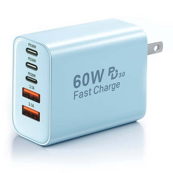 USB C Charger Block, 5 In 1 60W Charging Blocks, Fast Charging Multiport Adpater [PD 30W USB-C & QC 3.1 USB-A Port], Wall Charger for iPhone 17 16 15 14 13 12 11 Pro Max XS,Samsung