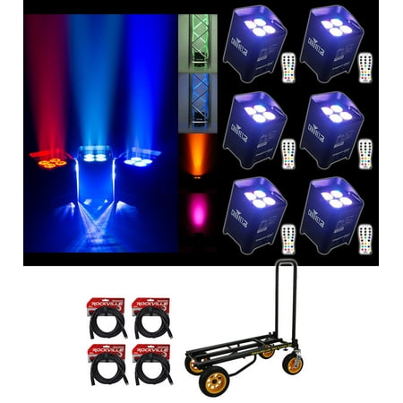 (6) Chauvet DJ Freedom Par Quad 4 Wireless Rechargeable Wash Lights+Cables+Cart
